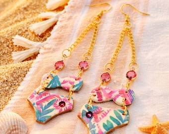 Tropical Print Earrings, Bikini Shape Dangles, Polymer Clay Jewelry, Beachy Summer Earrings, Pink Crystal Earrings