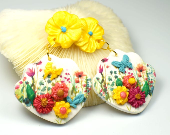 Flower Earrings, Spring Earrings, Butterfly Clay Earrings, Boho Earrings