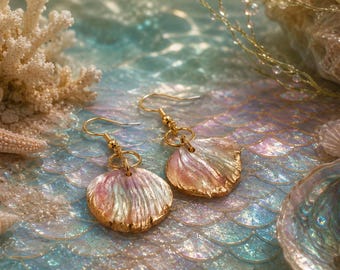 Handmade Iridescent Shell Earrings, Mother of Pearl Clay Dangle, Gold Trim Coastal Jewelry