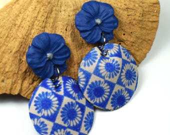 Blue Flower Leather Earrings, Spring Earrings, Boho Earrings