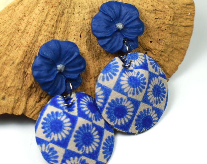 Blue Flower Leather Earrings, Spring Earrings, Boho Earrings