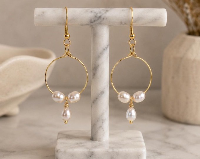 Gold Pearl Hoop Earrings, Freshwater Pearl Drop, Minimalist Wedding Jewelry