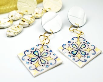 Leather Earrings, Clay Earrings, Gold Leather Earrings, White Leather Earrings, Blue Earrings, White Earrings, Yellow Earrings