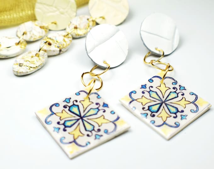 Leather Earrings, Clay Earrings, Gold Leather Earrings, White Leather Earrings, Blue Earrings, White Earrings, Yellow Earrings