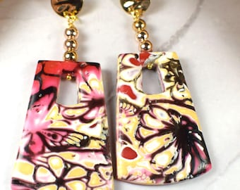 Valentine's Day Clay Earrings, Flower Modern Statement Hot Pink Jewelry