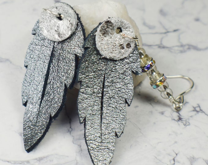 Silver Leather Earrings, Feather Earrings, Shimmer Leather Earrings, Unique Leather Earrings