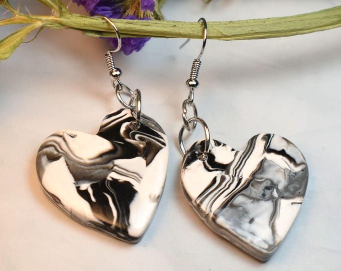 Heart Earrings, Black & White Clay Earrings, Licorice Earrings
