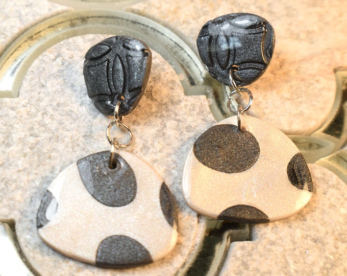Dalmation Dot Clay Earrings: Iridescent Pearl, Hypoallergenic