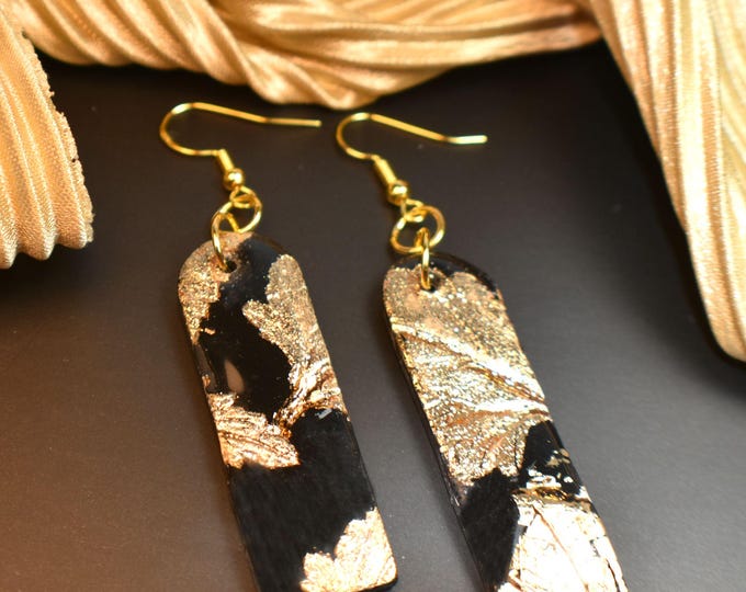 Black & Gold Foil Clay Earrings, SUPER SALE, Gold Leaf Earrings, Garden Jewelry, Botanical Nature Earrings