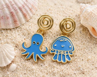 Cute Blue Octopus Earrings, Jellyfish Earrings, Ocean Animal Earrings, Cute Beach Jewelry, Gold Enamel Sea Life Earrings, Gift for Her