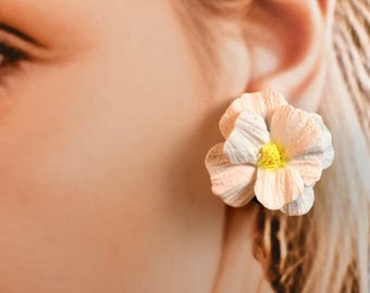White Tropical Flower Stud Earrings: Handcrafted Clay Jewelry
