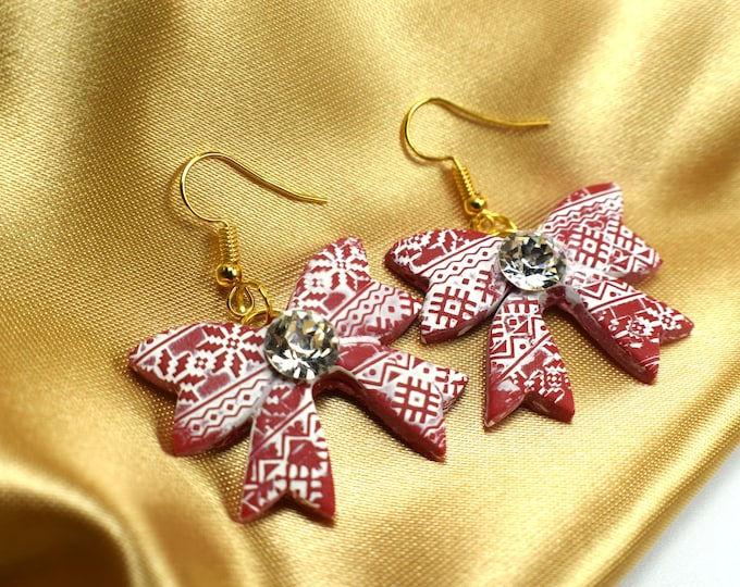 Christmas Bow and Swarovski Rhinestone Earrings, Holiday Jewelry Gifts