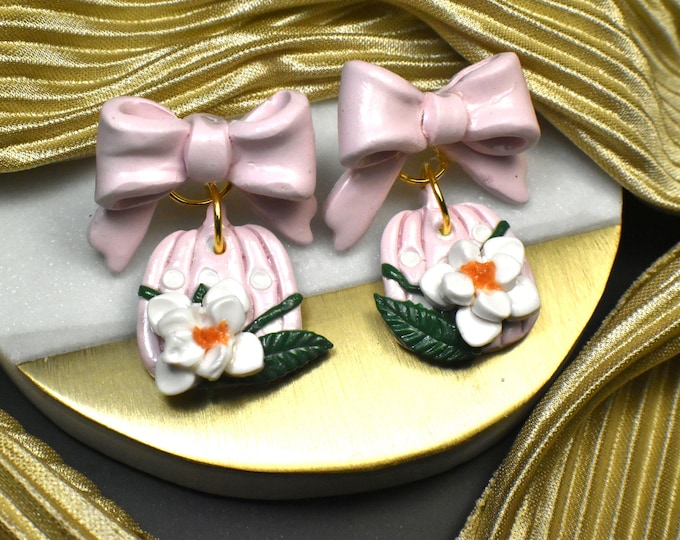 Floral Pumpkin, Pink Bows, Pumpkins & Flower Earrings, Fall Earrings
