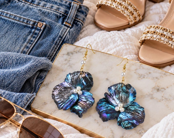 Big Blue Pearl Flower Earrings, Bold Clay Statement Dangle Earrings, Mother of Pearl, Gold Floral Jewelry