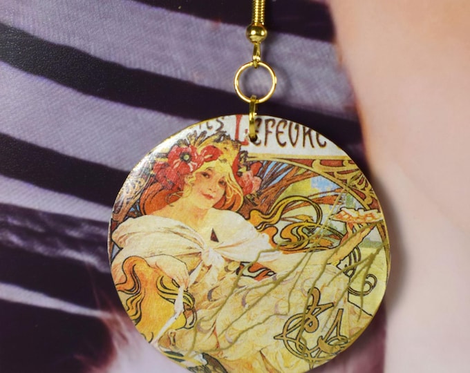 Art Nouveau Clay Earrings, Alphonse Mucha Gold Metallic Jewelry