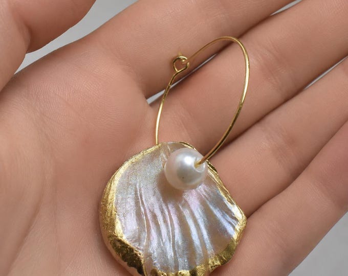 Handmade Oyster Shell Hoop Earrings with Pearl Accent, Gold Trimmed, Iridescent Coastal Jewelry