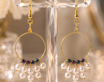 Gold Hoop Earrings with Freshwater Pearls, Iridescent Beads, Handmade Bridal Jewelry