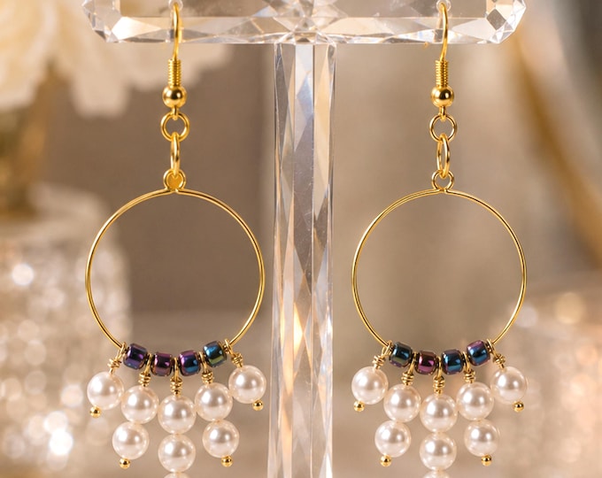 Gold Hoop Earrings with Freshwater Pearls, Iridescent Beads, Handmade Bridal Jewelry