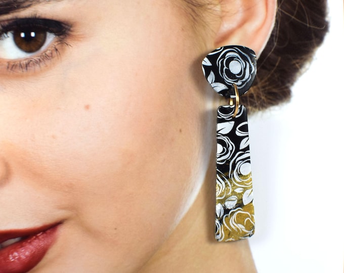 Modern Statement Earrings, Stenciled Black and Gold Earrings