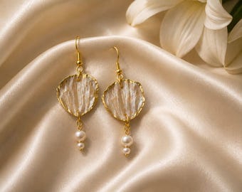 Handmade Oyster Shell Pearl Earrings, Gold Silver Finish, Coastal Bridal Jewelry