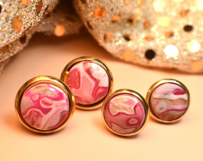Stone Earring Studs, Clay Studs, Pink Stone Earrings, Mint Green Earrings, Golden Earrings