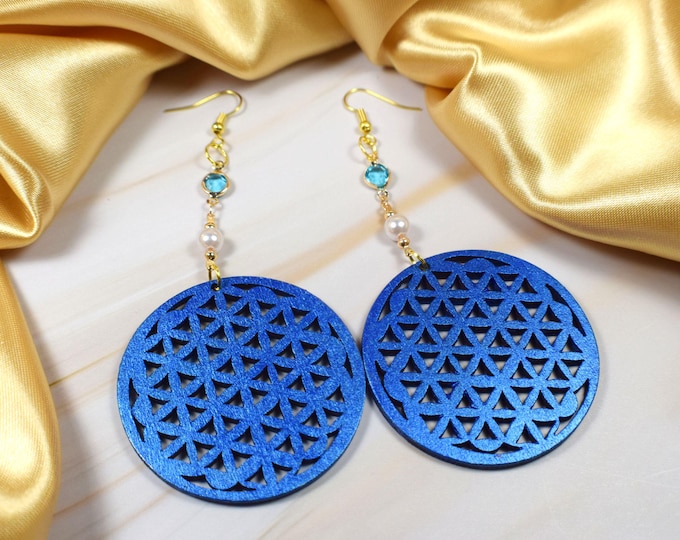 Blue Geometric Wooden Earrings, Statement Dangle Earrings, Laser Cut Boho Jewelry, Gold Hook Earrings, Lightweight Gift for Her