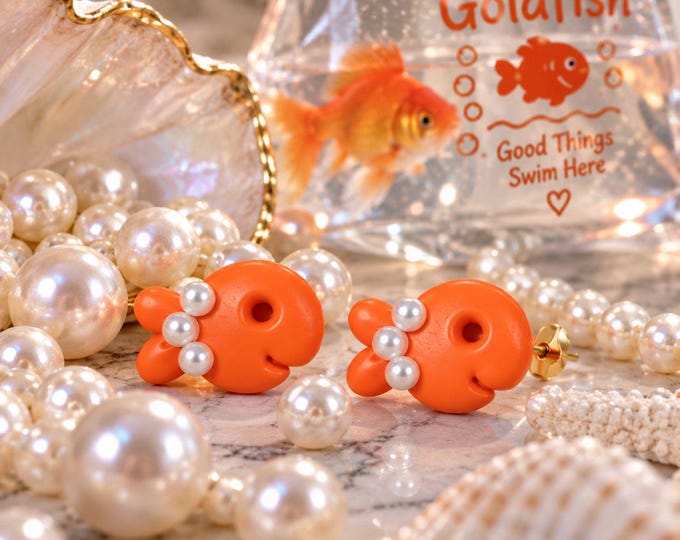 Goldfish Stud Earrings, Orange Fish Earrings, Polymer Clay Fish Jewelry, Pearl Earrings, Ocean Inspired Jewelry, Beach Gift
