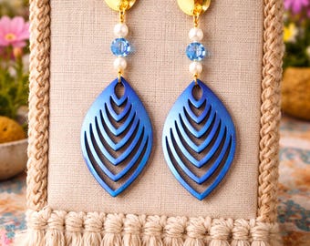 Laser Cut Wood Blue Teardrop Earrings, Iridescent Swarovski Crystal Pearl Dangles