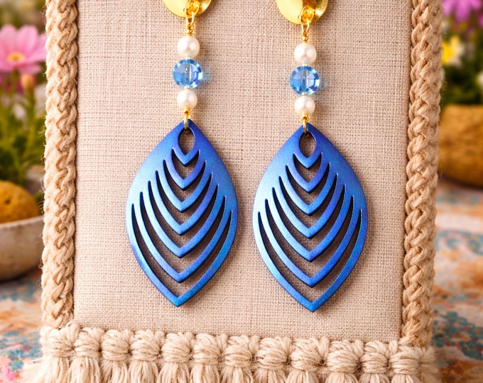 Laser Cut Wood Blue Teardrop Earrings, Iridescent Swarovski Crystal Pearl Dangles