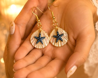 Handmade Blue Starfish Shell Earrings. Clay Coastal Earrings, Beach Jewelry, Ocean Inspired Gift for Her