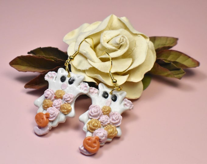 Halloween Cat Ghost Clay Earrings, Flower, Pumpkin Earrings
