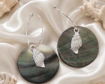 Black Mother of Pearl Disc Earrings, Silver Conch Shell Hoops, Coastal Beach Jewelry