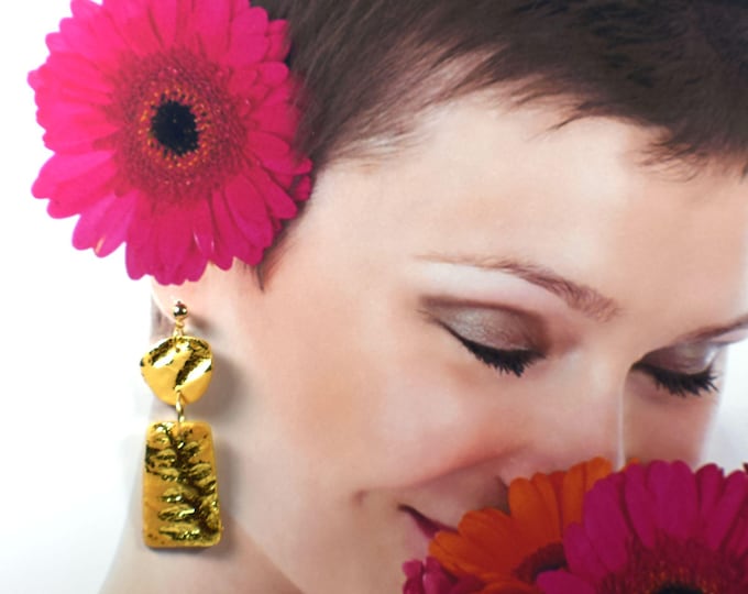 Botanical Statement Gold Leaf Earrings, Garden Herb Clay Jewelry