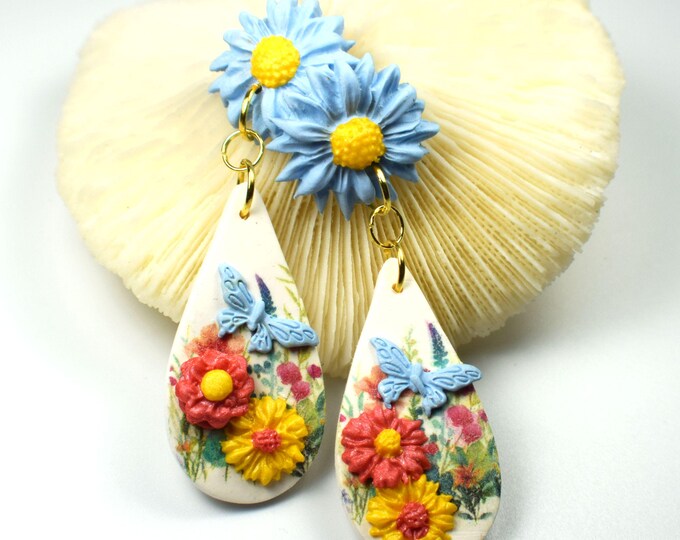 Flower Earrings, Spring Clay Flower Earrings, Nature Earrings, Bright Colors Earrings