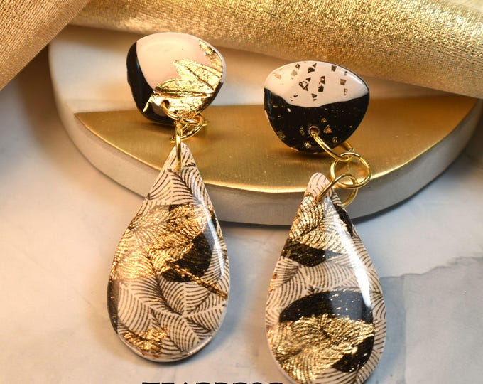 Botanical Gold Leaf Clay Earrings, Leaf Pattern Earrings, Nature Black and Gold Earrings
