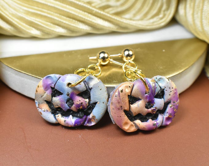 Halloween Jack O' Lantern Pumpkin Earrings, Gold Leaf Fall Clay Hypoallergenic Multi-Color Earrings
