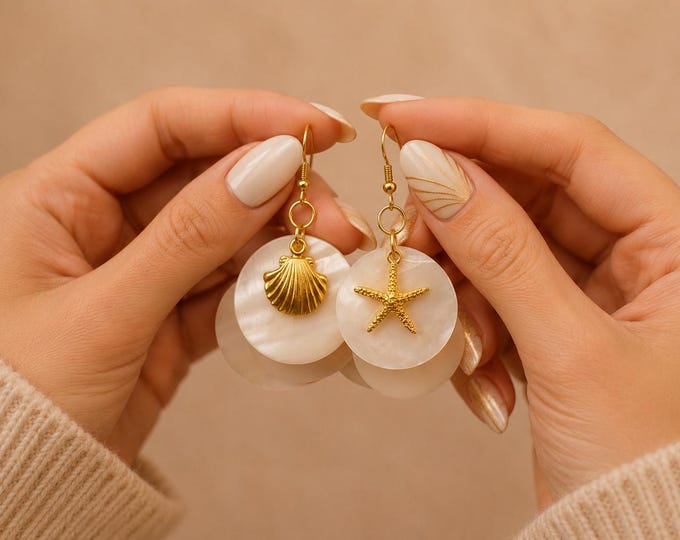 Mother of Pearl Disc Earrings, Mismatched Ocean Charm Earrings, Gold Starfish & Seashell Dangles, Coastal Beach Jewelry, Ocean Lover Gift