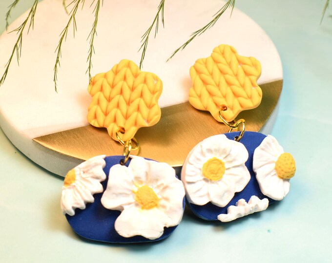 Pretty Flower Earrings, Boho Inspired Earrings, Knit Earrings, Clay Earrings