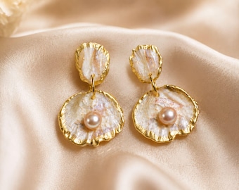 Clay Oyster Shell Pearl Earrings, Gold Trim Bridal Jewelry, Coastal Chic White Pink Gray