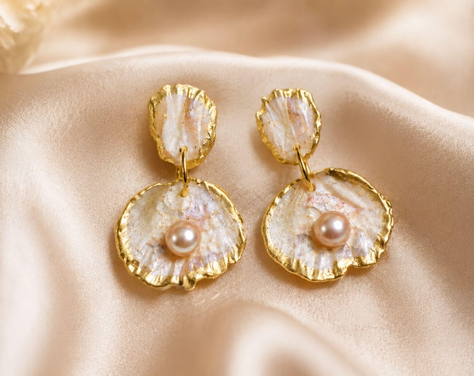 Clay Oyster Shell Pearl Earrings, Gold Trim Bridal Jewelry, Coastal Chic White Pink Gray