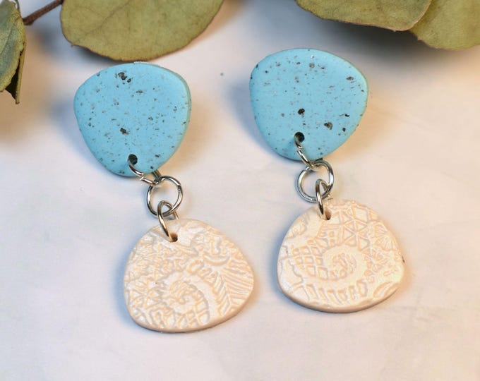 Blue Granite Clay Earrings with Pearl Accent: Boho Fall Jewelry