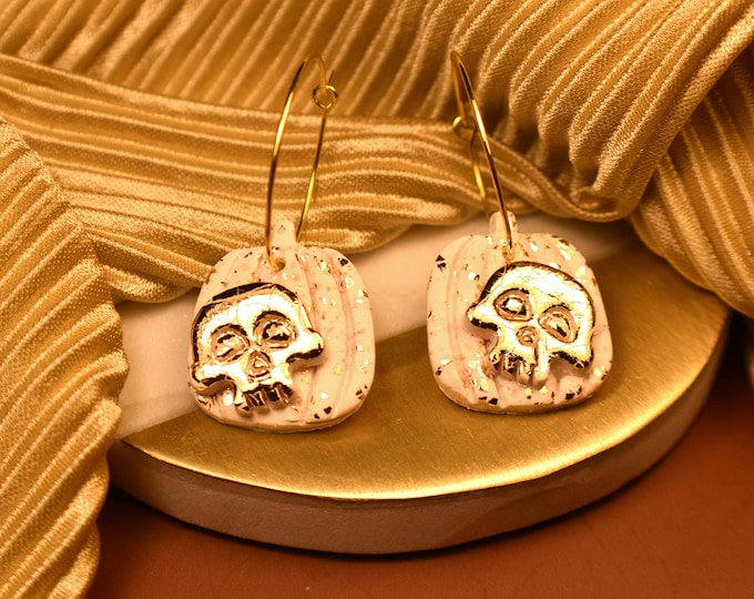 Halloween Pumpkin Skull Earrings, Gold Leaf Fall Earrings