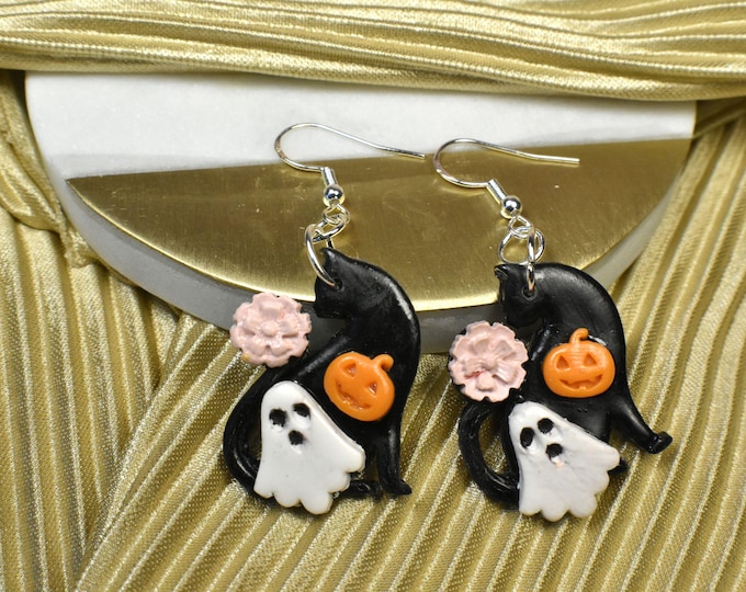 Halloween Cat Earrings, Ghost, Pumpkin & Flower Earrings