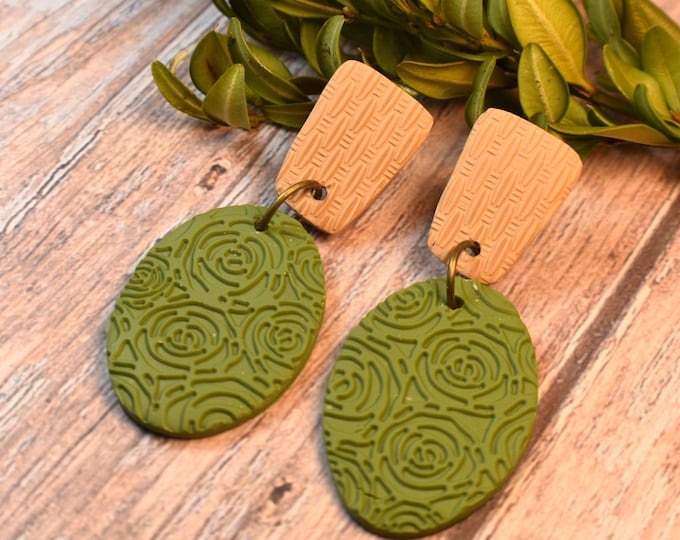Boho Clay Earrings: Gold, Tan & Green - Hypoallergenic