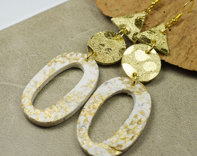 Gold Leather Earrings, Clay Earrings, Unique Leather Earrings, Boho Earrings, Boho Jewelry, Leather Jewelry, Clay Jewelry