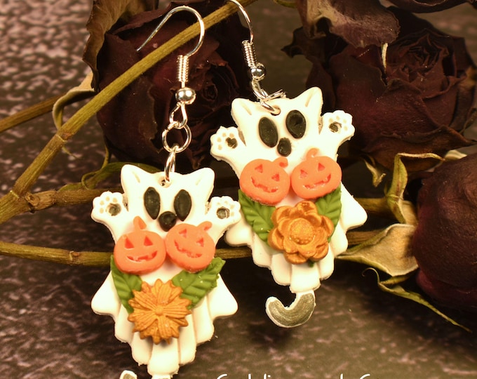 Halloween Clay Earrings, Cat Ghost Earrings, Cute Pumpkin Earrings