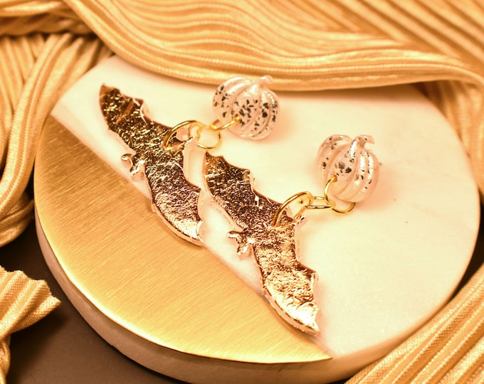Halloween Bat & Pumpkin Dangle Earrings: Gold or Silver Leaf