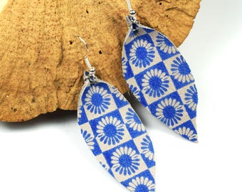 Blue Pinched Leather Earrings, Boho Inspired Earrings, Painted Leather, Spring Earrings