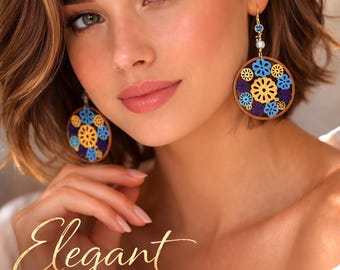 Hand-Painted Wood Floral Statement Earrings, Boho Pearl Crystal Jewelry