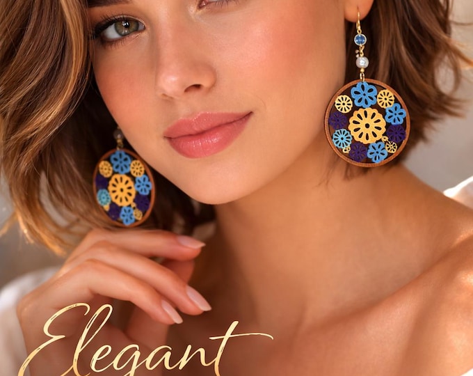 Hand-painted Wood Earrings, Boho Hippie Style, Pearls, Crystals, Hypoallergenic Wires